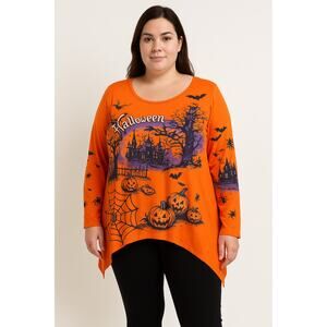 Womens Size XL Orange Halloween Tunic Long Sleeve Asymmetrical Hem